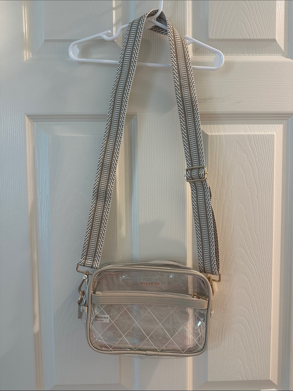 Missnine Clear Crossbody Bag with Beige Trim and Striped Strap